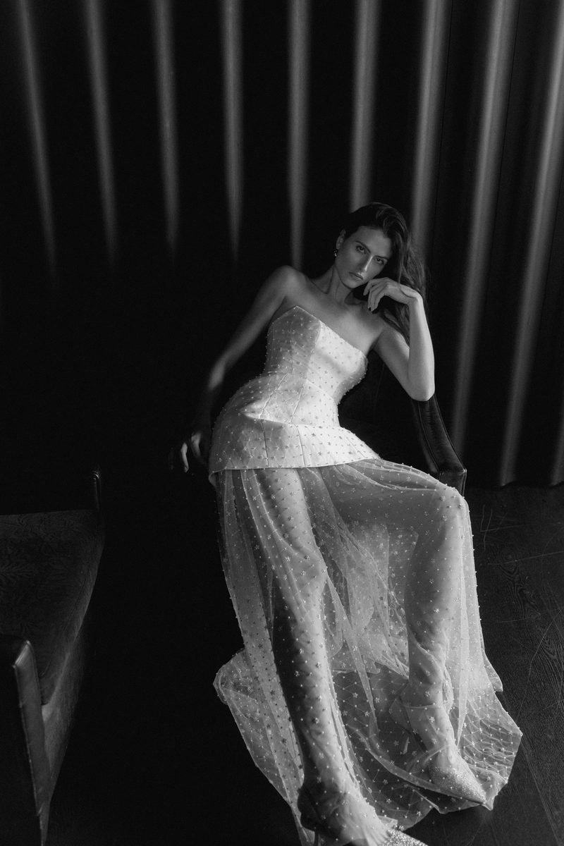 Wedding dress, two-in-one, Short, with a removable sheer skirt — Gabriel by Watters Designs, view 4, MADAMOON showroom, Paris 10e