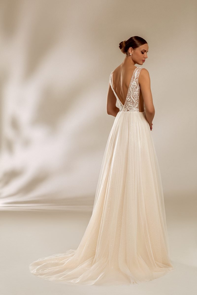 Wedding dress, sheath, spectacular V neckline and V back — the Agnessa model, view 2, MADAMOON showroom, Paris 10e