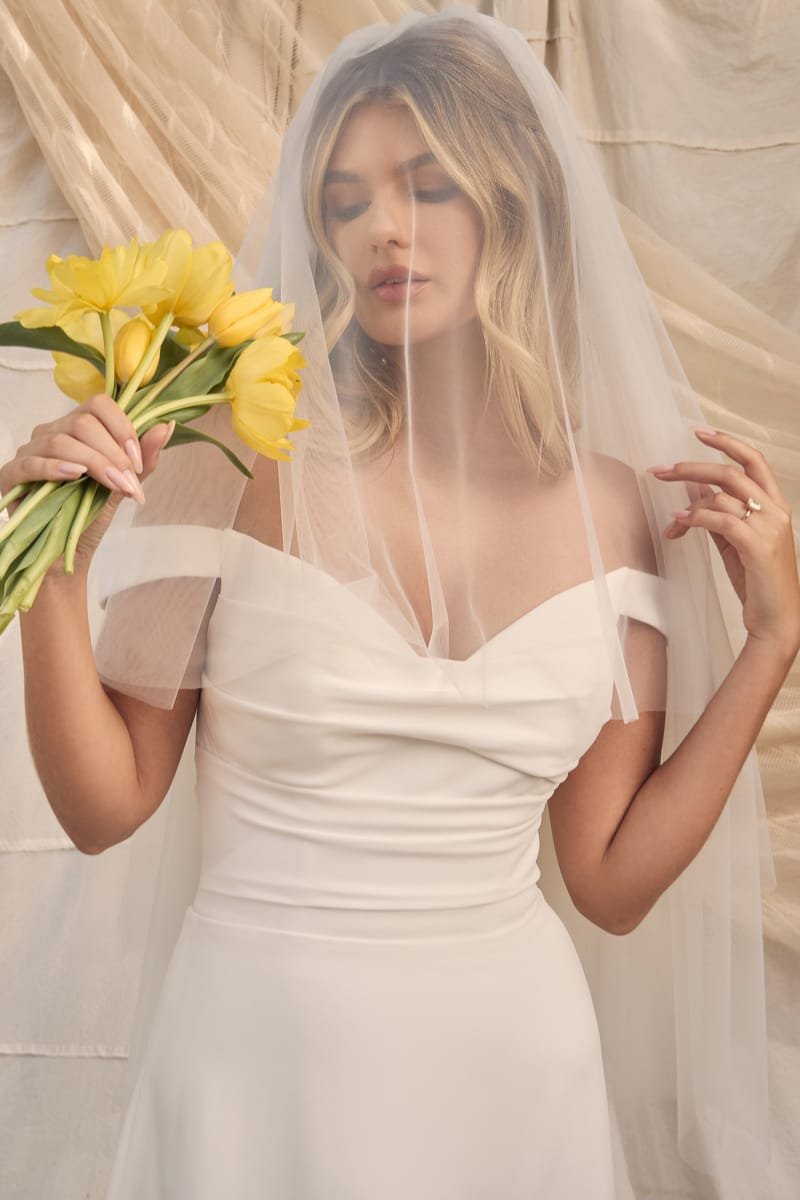 Wedding dress, sheath, A fluid fall in matte satin, draped neckline, off the shoulder — Dove by Casablanca Bridal, view 3, MADAMOON showroom, Paris 10e