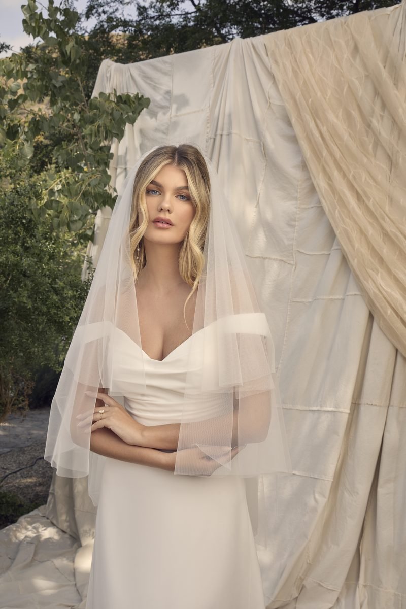 Wedding dress, sheath, A fluid fall in matte satin, draped neckline, off the shoulder — Dove by Casablanca Bridal, view 6, MADAMOON showroom, Paris 10e