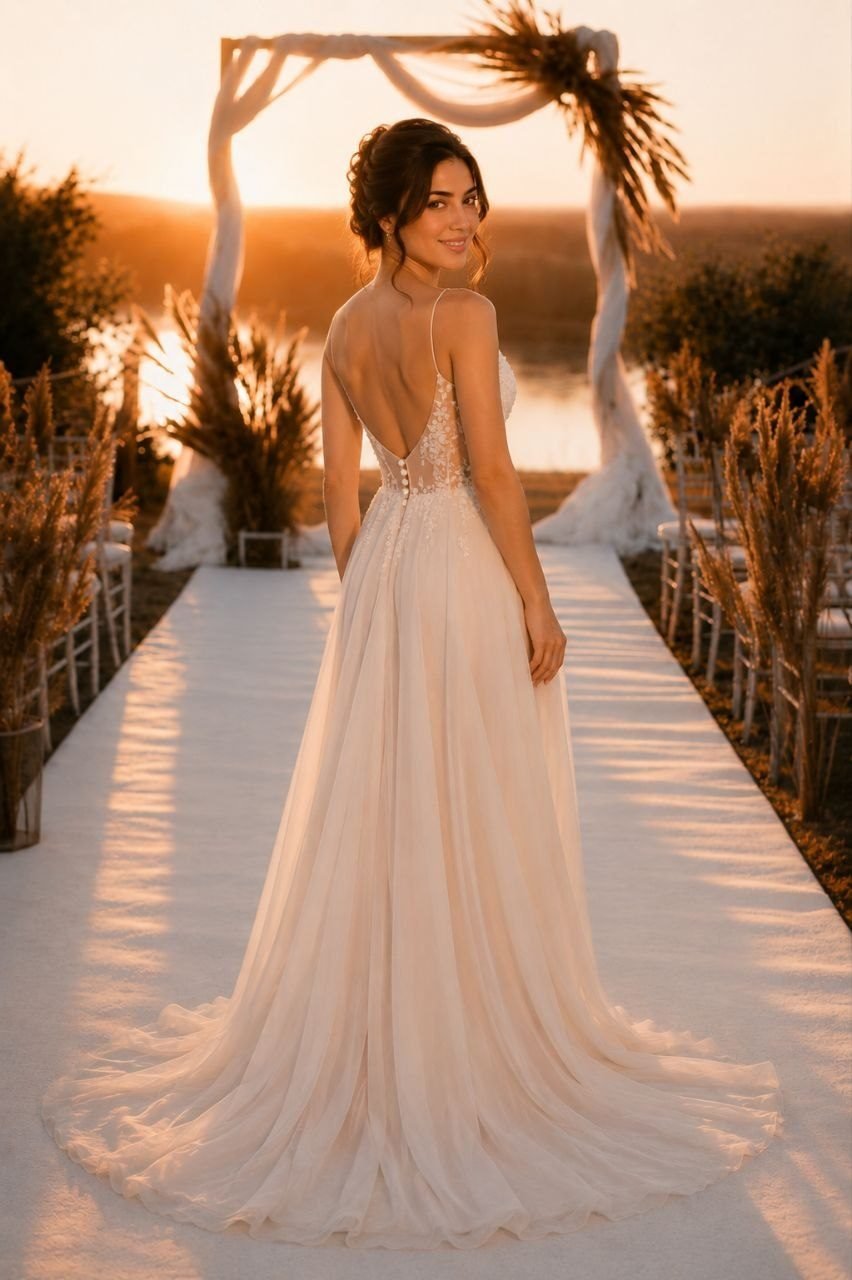 Wedding dress, sheath, Beaded corset with raised flowers, fluid chiffon skirt — the Hélène model, MADAMOON showroom, Paris 10e