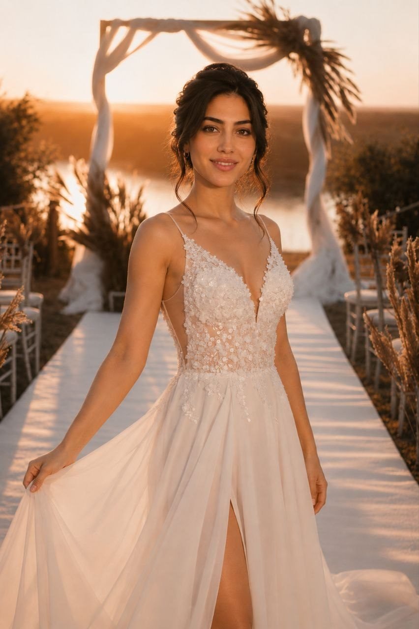 Robe de mariée corset perlé à fleurs en relief, jupe fluide en mousseline — modèle Hélène, showroom MADAMOON Paris 10e