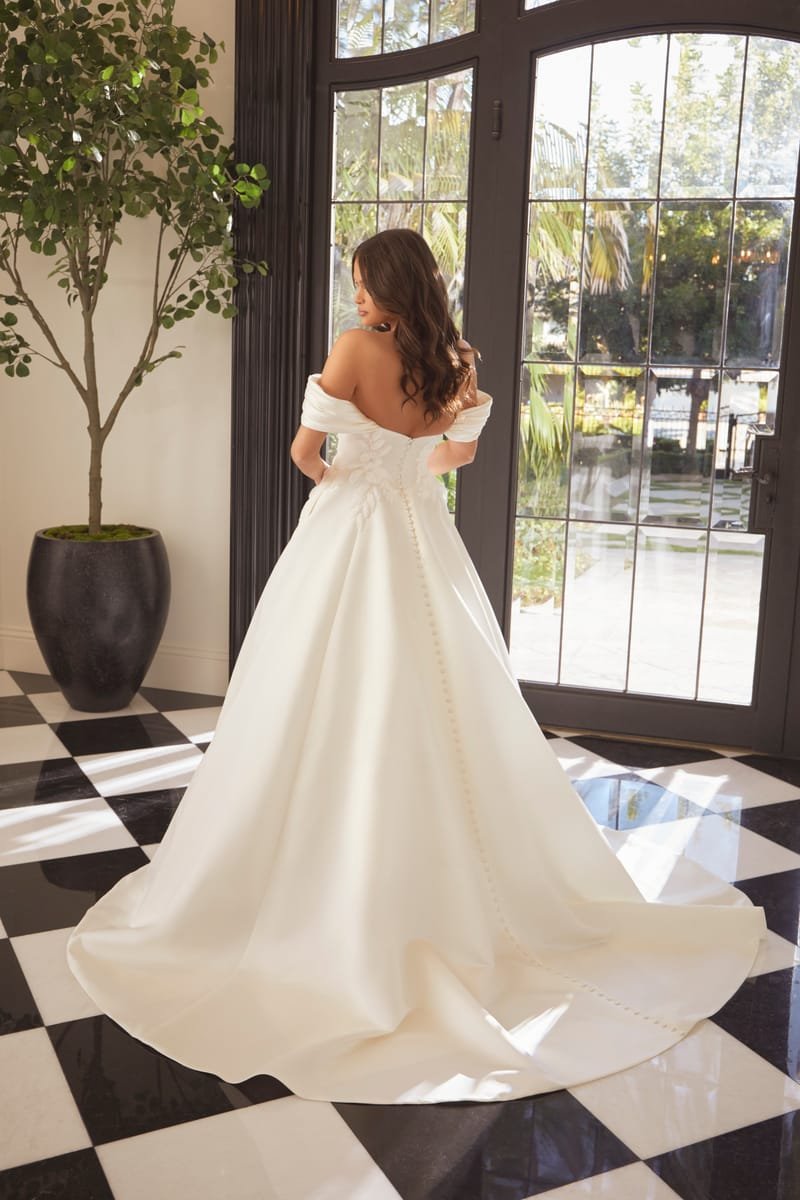 Wedding dress, ball gown, Silk satin, detachable dropped straps — Addison by Casablanca Bridal, view 2, MADAMOON showroom, Paris 10e