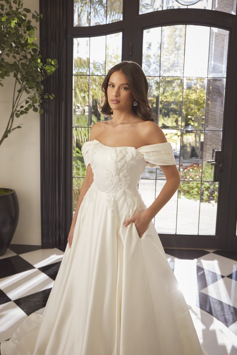 Wedding dress, ball gown, Silk satin, detachable dropped straps — Addison by Casablanca Bridal, view 5, MADAMOON showroom, Paris 10e