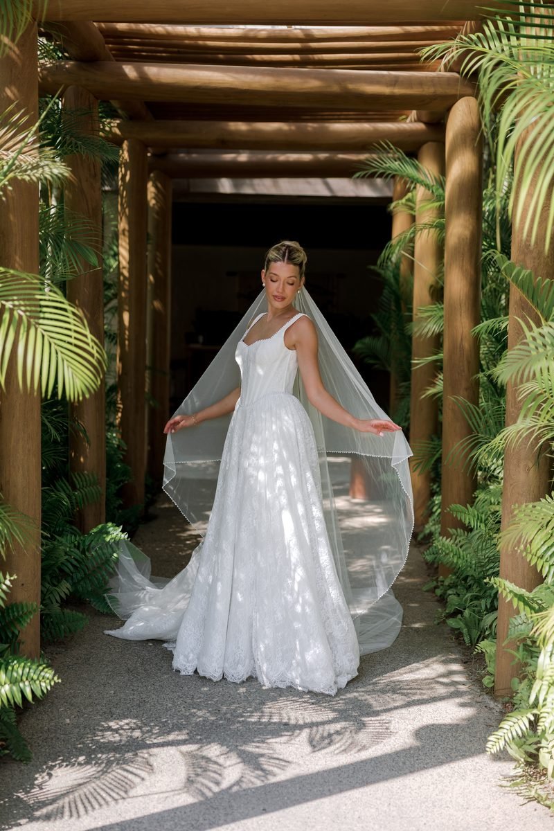 Wedding dress, ball gown, Caterina lace, square neckline and dropped waist — Clover avec ou sans perles by Watters Designs, view 3, MADAMOON showroom, Paris 10e