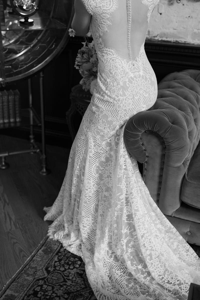 Wedding dress, lace mermaid, illusion back — Uma by Watters Designs, view 4, MADAMOON showroom, Paris 10e