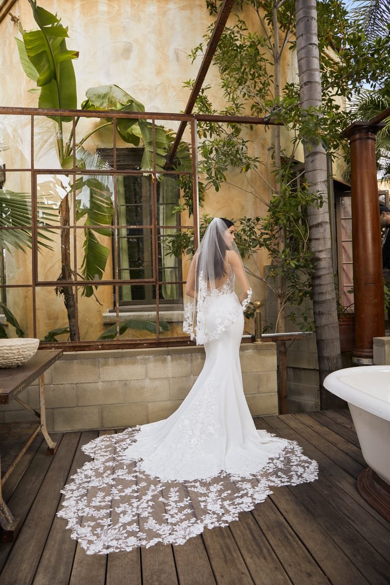 Wedding dress, mermaid in matte satin, a majestic train and a lace back — Venus by Casablanca Bridal, view 3, MADAMOON showroom, Paris 10e