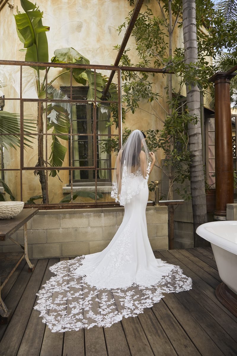 Wedding dress, mermaid in matte satin, a majestic train and a lace back — Venus by Casablanca Bridal, view 4, MADAMOON showroom, Paris 10e