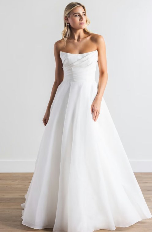 Robe de mariée bustier trapèze en crêpe stretch et organza satin — Fortune par Watters Designs, showroom MADAMOON Paris 10e